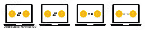 Crypto exchange icon. Dollar and bitcoin money exchange on laptop icon, vector illustration