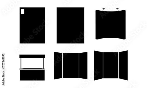 Exhibition booth and display vector set for professional event design and presentation planning