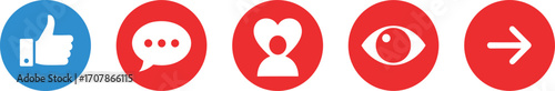 Social media icons, like button, comment symbol, heart reaction, view icon, navigation arrow, red and blue, user interface, engagement graphic, stylized set