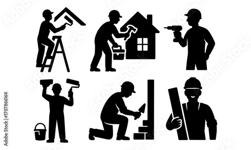 Construction workers engaged in various activities with tools silhouette set for design and decoration