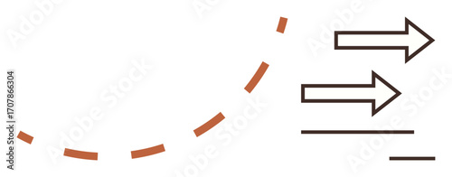 Curved dashed line forming an upward trajectory complemented by forward-facing arrows. Ideal for growth, progress, success, performance, strategy, development, innovation. Clean and simple flat