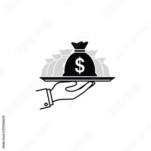 Hand serving a tray with a money bag and dollars, symbolizing financial services and investment