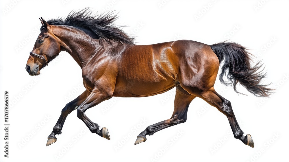 Fototapeta premium Brown horse running on white background with no other distractions or elements in the frame