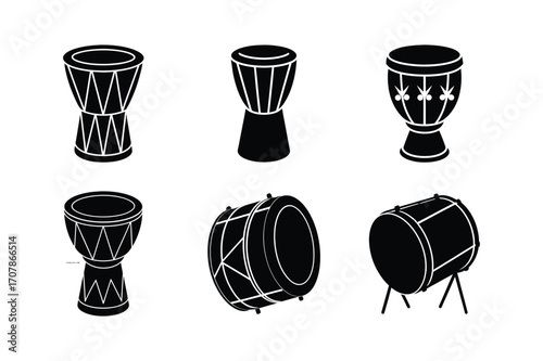 temple drum bundle linocut style silhouette vector illustration