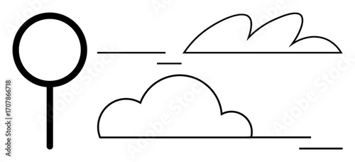Magnifying glass with abstract clouds and speed lines suggesting exploration, discovery, or connectivity. Ideal for research, innovation, curiosity, analysis, cloud technology, progress simple flat