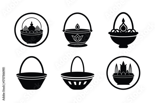 puja basket bundle linocut style silhouette vector illustration