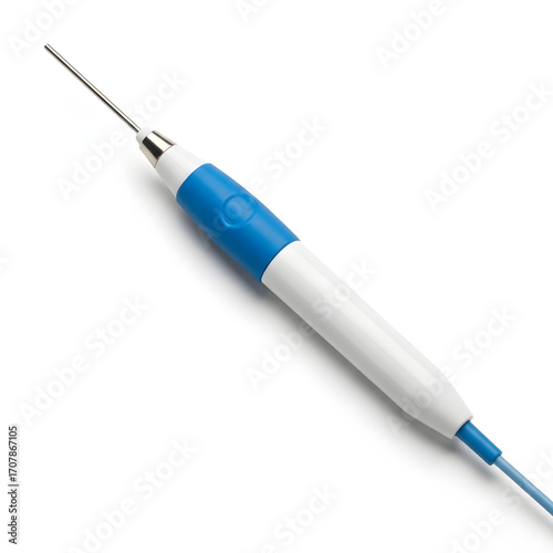 Close-up of a medical device, a surgical needle with a blue and white handle, isolated on white.