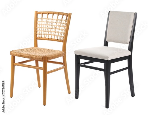 Two chairs, one woven, one upholstered
