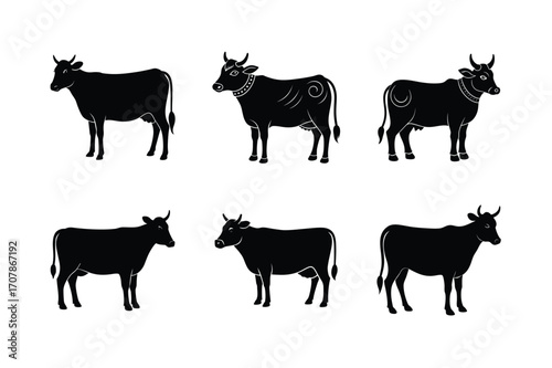 sacred cow bundle linocut style silhouette vector illustration