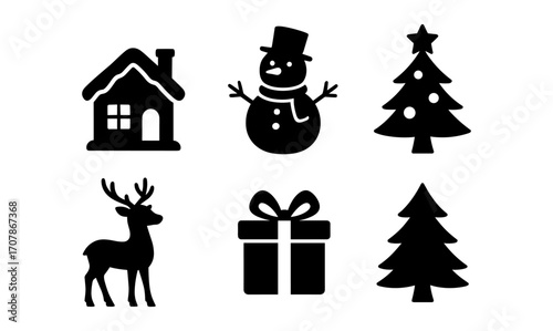 Christmas silhouettes for holiday decorations and design featuring snowglobe, tree, snowman, reindeer, house, gift