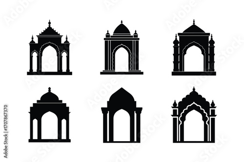 temple archway bundle linocut style silhouette vector illustration