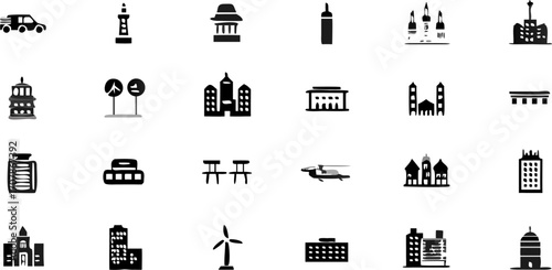 Vector illustration of various architectural structures including buildings and transportation icons in black and white