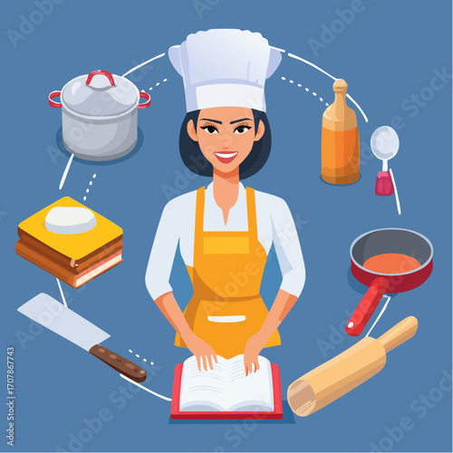 Flat Vector Chef Profession Icons – Cooking Tools and Kitchen Equipment