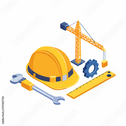 Isometric Construction Helmet with Crane and Tools Vector