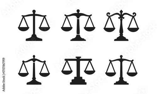 Collection of diverse justice scales icons for legal and law-related design projects