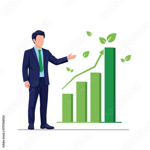 Businessman presenting a green growth chart with leaves 1.