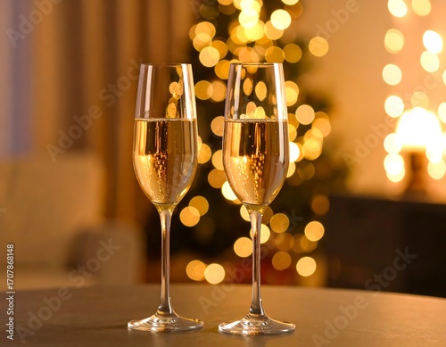 Two champagne flutes on a table, blurred holiday background