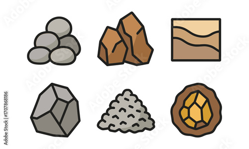 Geology icon set featuring rocks, minerals, and soil patterns for educational and design use
