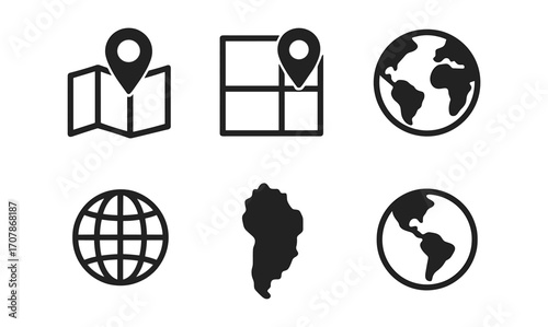 Geography icon collection featuring map, globe, and earth elements for educational and design use