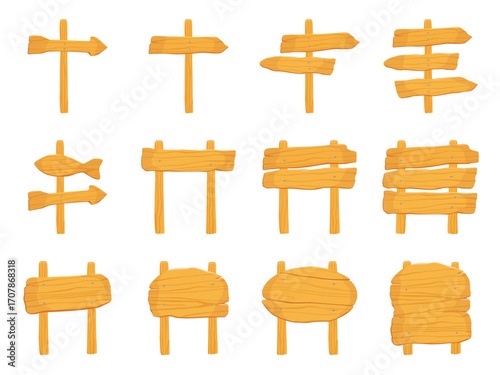 Wooden signpost collection. Blank plywood signboards with timber texture, directional pointers in various shapes. Isolated on white background. For navigation, wayfinding, and directional signage