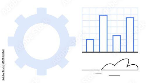 Gear, bar chart, and cloud elements combine. Visualizes technology, analytics, efficiency, data management, progress strategy and innovation. Ideal for simple flat metaphor