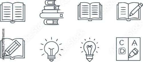 Vector illustration of books stacked, open books, light bulbs, and a pencil with letters in boxes