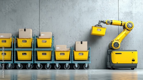 Automated warehouse robotic arm picking a package from a yellow bin