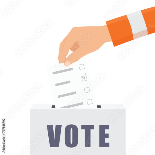 Election campaign concept. Hand throws a ballot into the ballot box isolated on white background