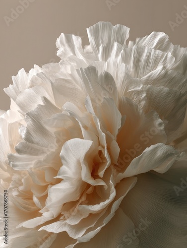 Close-up of a creamy-white peony blossom, showcasing intricate petal textures and subtle color gradations against a muted background
