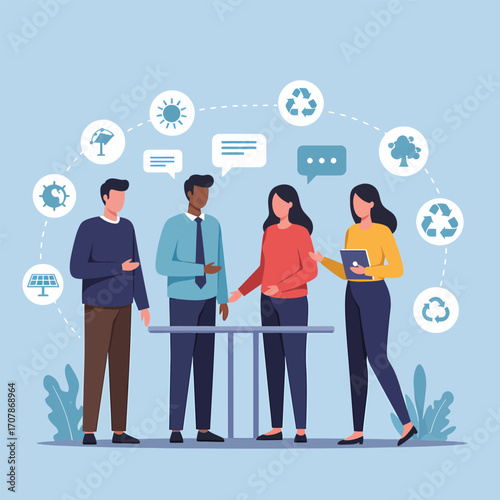 Diverse team discusses sustainability and renewable energy solutions.