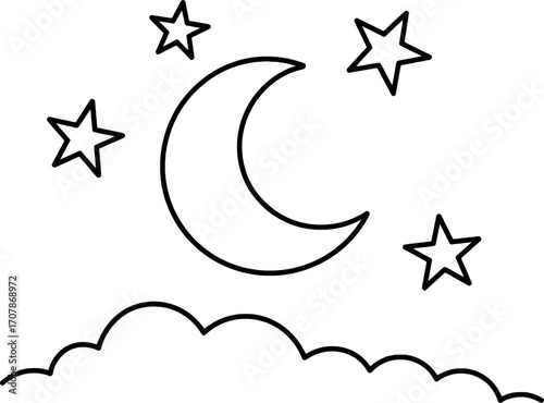 Crescent moon and stars in the night sky with clouds vector