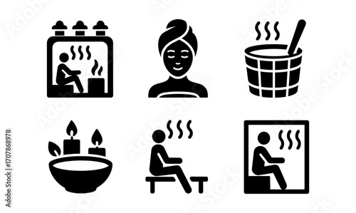 Relaxation and wellness spa icons collection for design - sauna, massage, steaming bath elements
