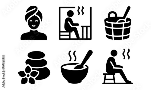 Spa icons collection featuring sauna, massage stones, and wellness elements for relaxation and design