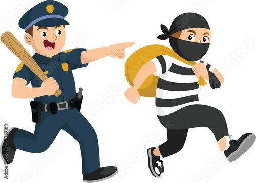 Cartoon Policeman Chasing Thief Illustration – Funny Police and Robber Vector Clipart