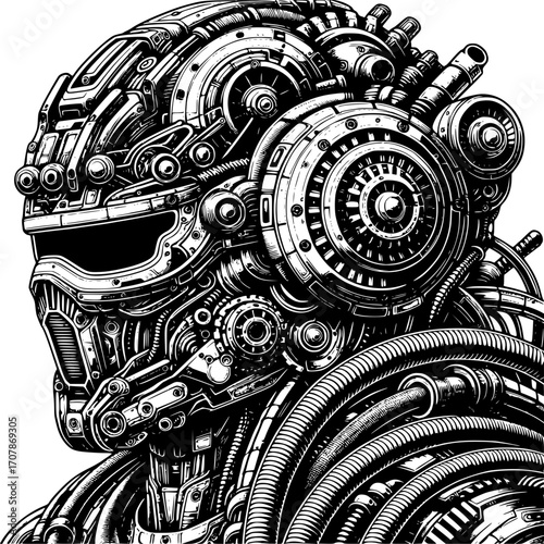 Cybernetic Head Illustration: An intricately detailed monochrome illustration showcases the intricate design of a cybernetic head, a blend of advanced technology and human form.