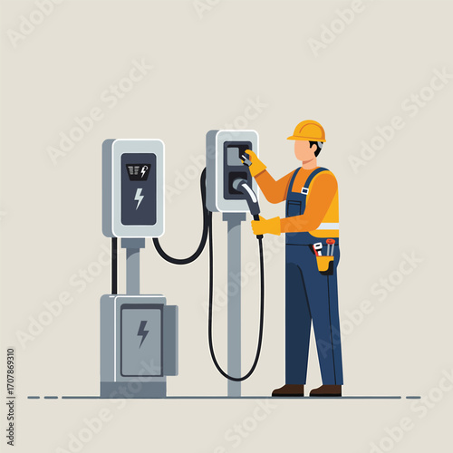 Electrician working on charging station for electric vehicles.