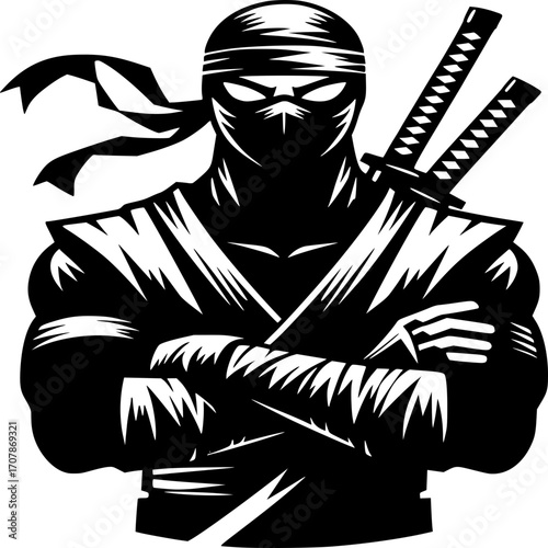 Silent Warrior: An illustration of a masked ninja, exuding an aura of stealth and discipline, stands poised with two gleaming swords, representing silent strength and readiness for action.