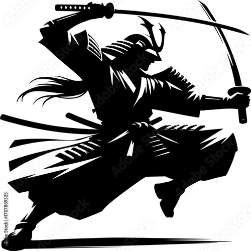 Warrior Silhouette in Action: A dynamic black and white silhouette of a fierce warrior, executing a precise sword maneuver, embodying the spirit of discipline and strength.