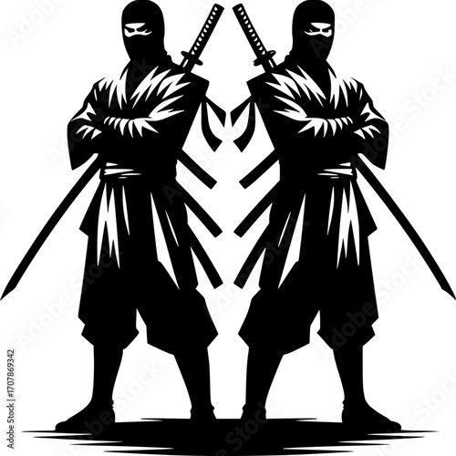 Shadows of the Samurai: A duo of masked samurai, a symbol of unwavering resolve, stands in silhouetted profile with their katanas gleaming, embodying martial arts and ancient warrior heritage. 