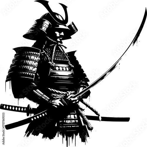 Samurai Warrior Silhouette: A striking monochrome silhouette of a stoic samurai warrior, poised with katana swords, embodies the strength, discipline.