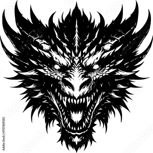 Intimidating Dragon Portrait: A bold and intricate, high-contrast, black and white illustration of a fearsome dragon's head, showcasing sharp detail and an intimidating expression.