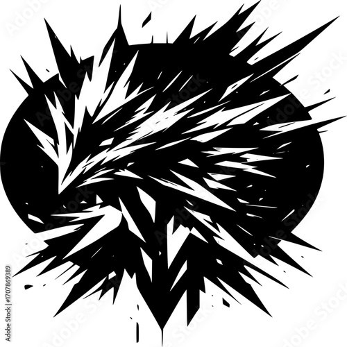 Explosive Artistic Expression: Dynamic black and white artwork, illustrating an intense explosion of energy and force within a circle. Emphasizing raw power, bold lines and impactful design.