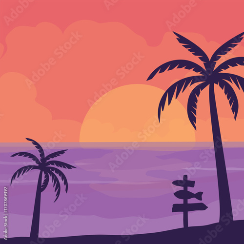 Beautiful sunset tropical beach with palm trees and sea