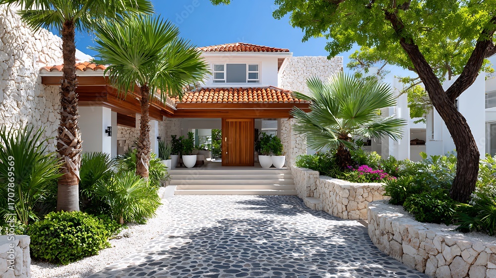 Obraz premium Tropical Luxury Home with Stunning Landscape and Palm Garden Entrance