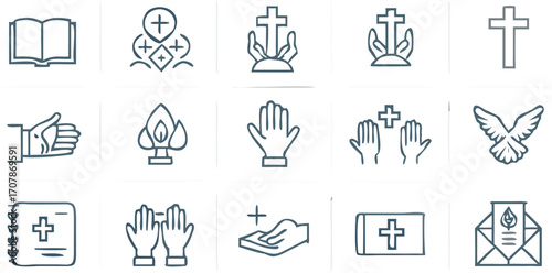 Vector illustration showing various religious icons including crosses hands doves and open books in a line art style