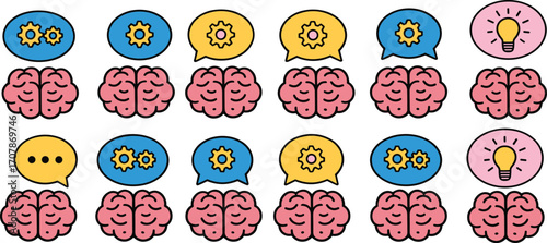 Colorful brain, idea, and speech bubble icons – thinking, communication, creativity and cognitive concept vector set