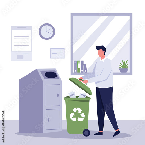 Man discarding paper into a green recycling bin in an office.