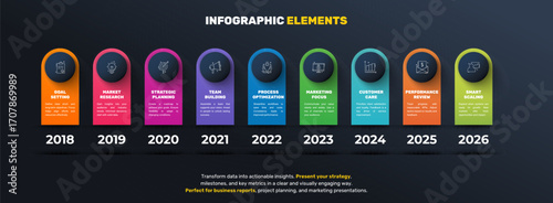 Business vector infographics with 9 circles and labels. Timeline visualization with nine steps for diagram, flowchart, banner, presentations, web, content, levels, chart, graphic