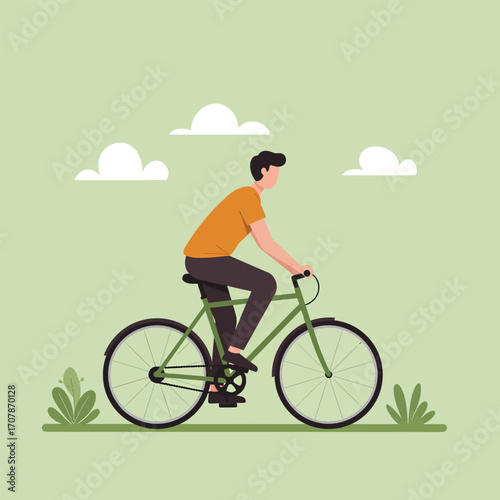 Man riding a green bicycle outdoors with clouds.