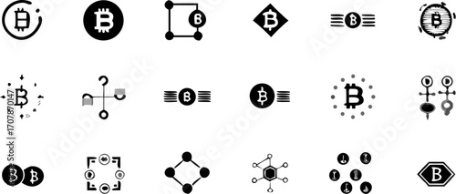 Vector collection of various bitcoin symbols and network representations in black and white graphic designs